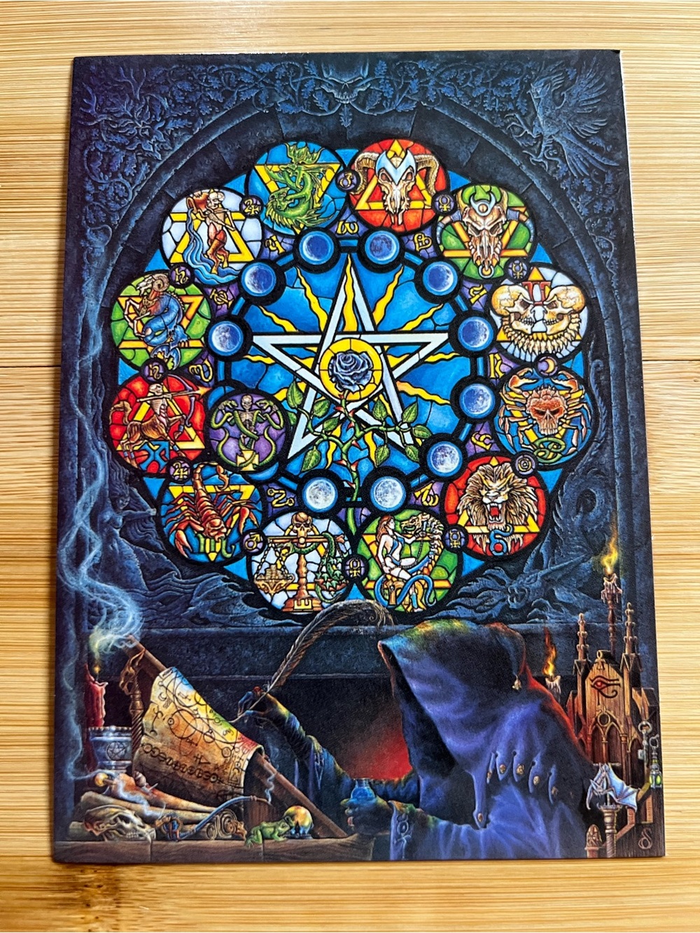 Vintage Alchemy Gothic Postcard Zodiac Pentagram Stained Glass Fantasy Art 1990